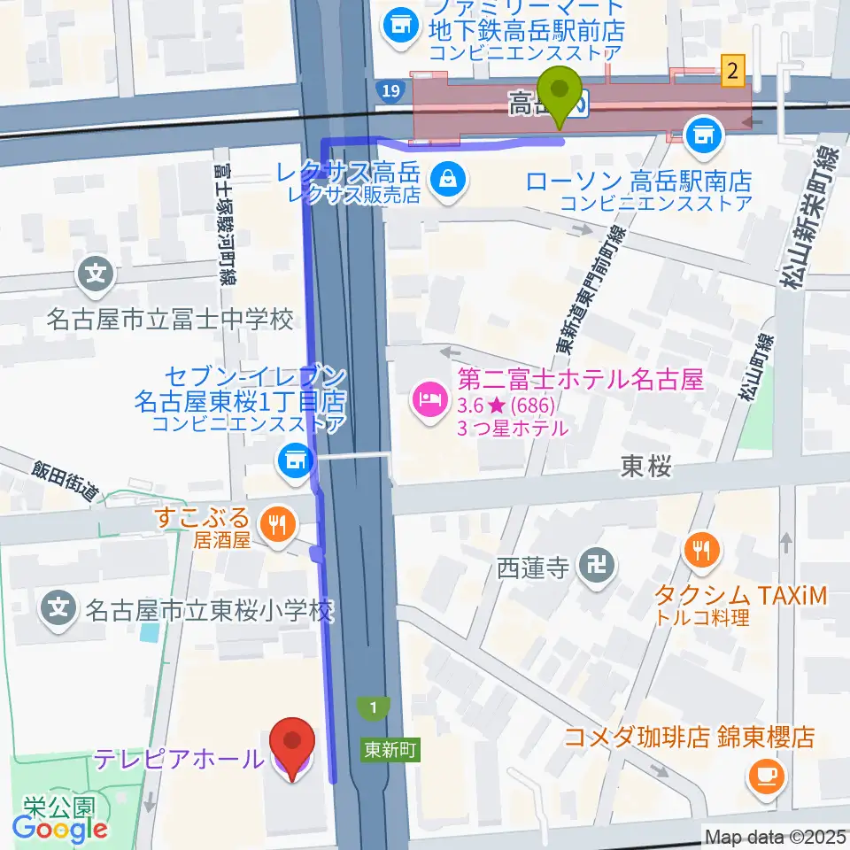 テレピアホールの最寄駅高岳駅からの徒歩ルート（約6分）地図