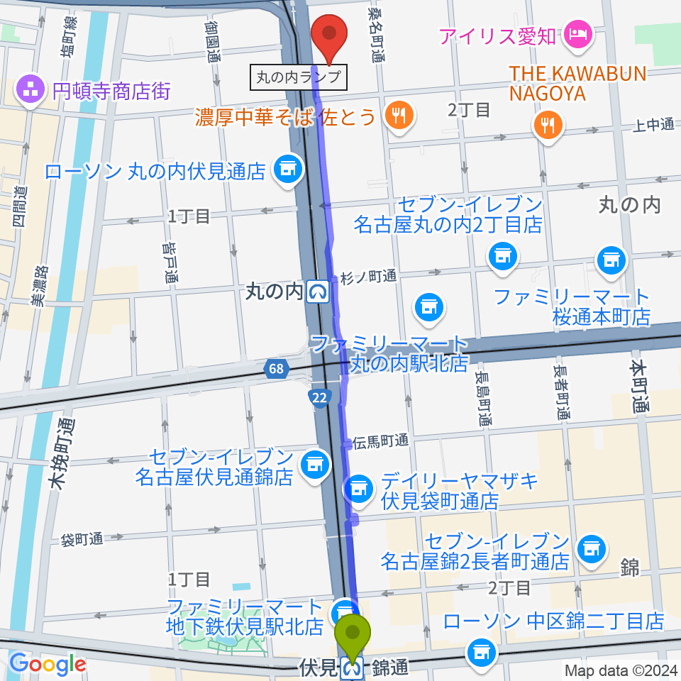 伏見駅から東建ホール・丸の内へのルートマップ地図