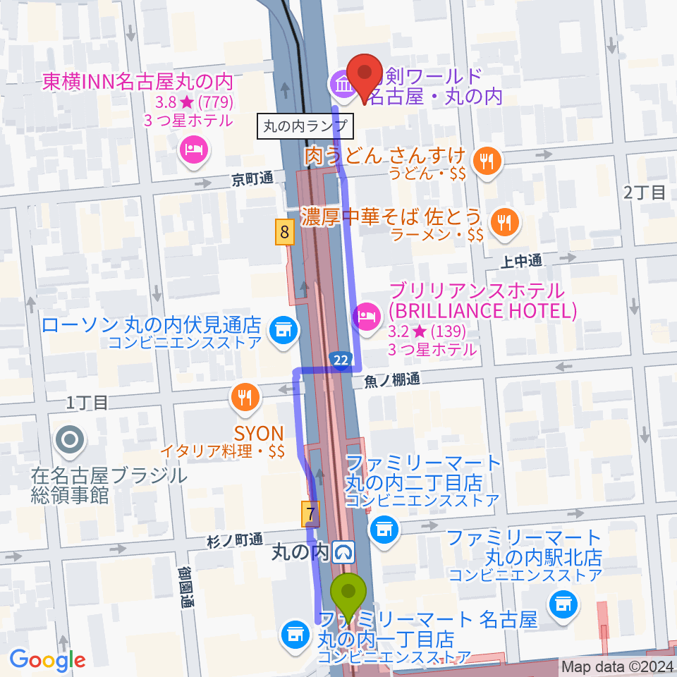 東建ホール・丸の内の最寄駅丸の内駅からの徒歩ルート（約6分）地図