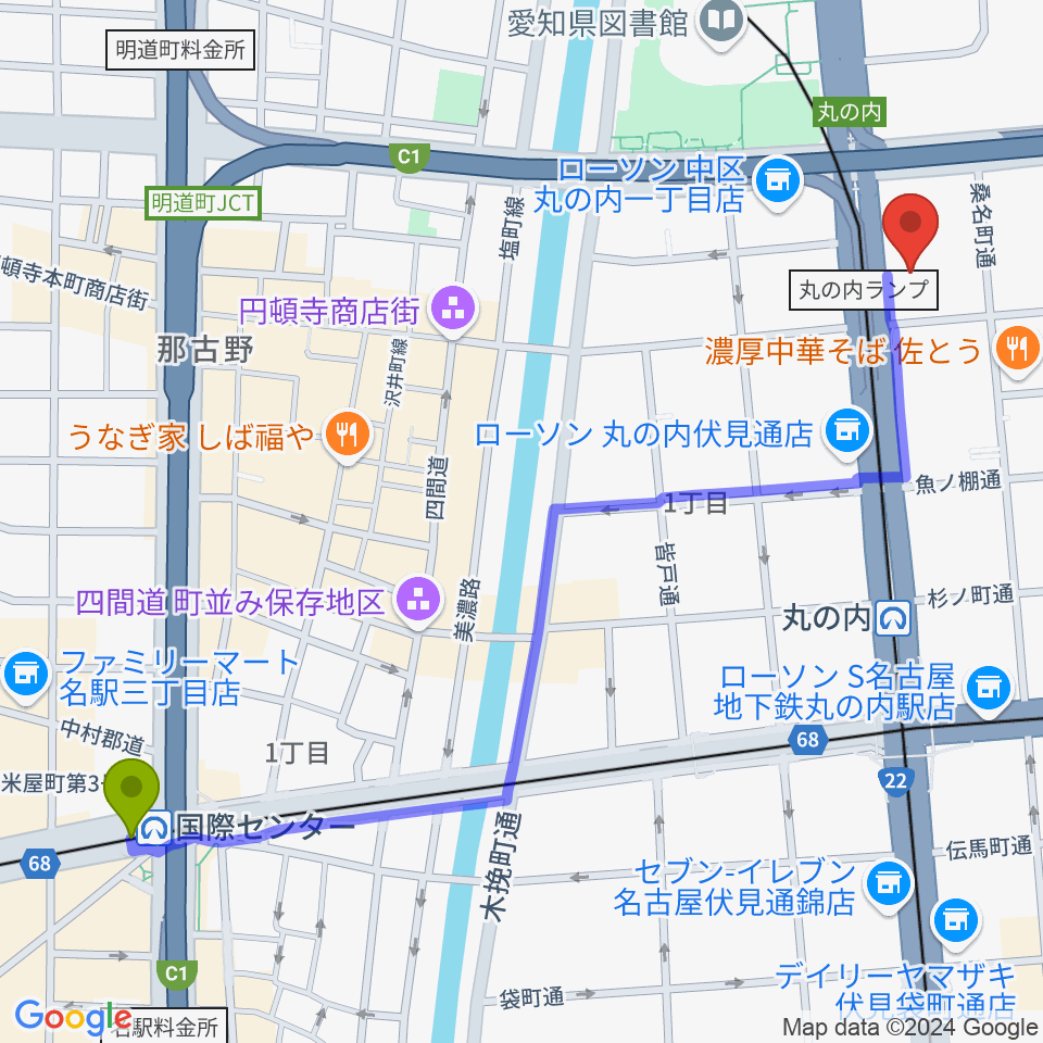 国際センター駅から東建ホール・丸の内へのルートマップ地図