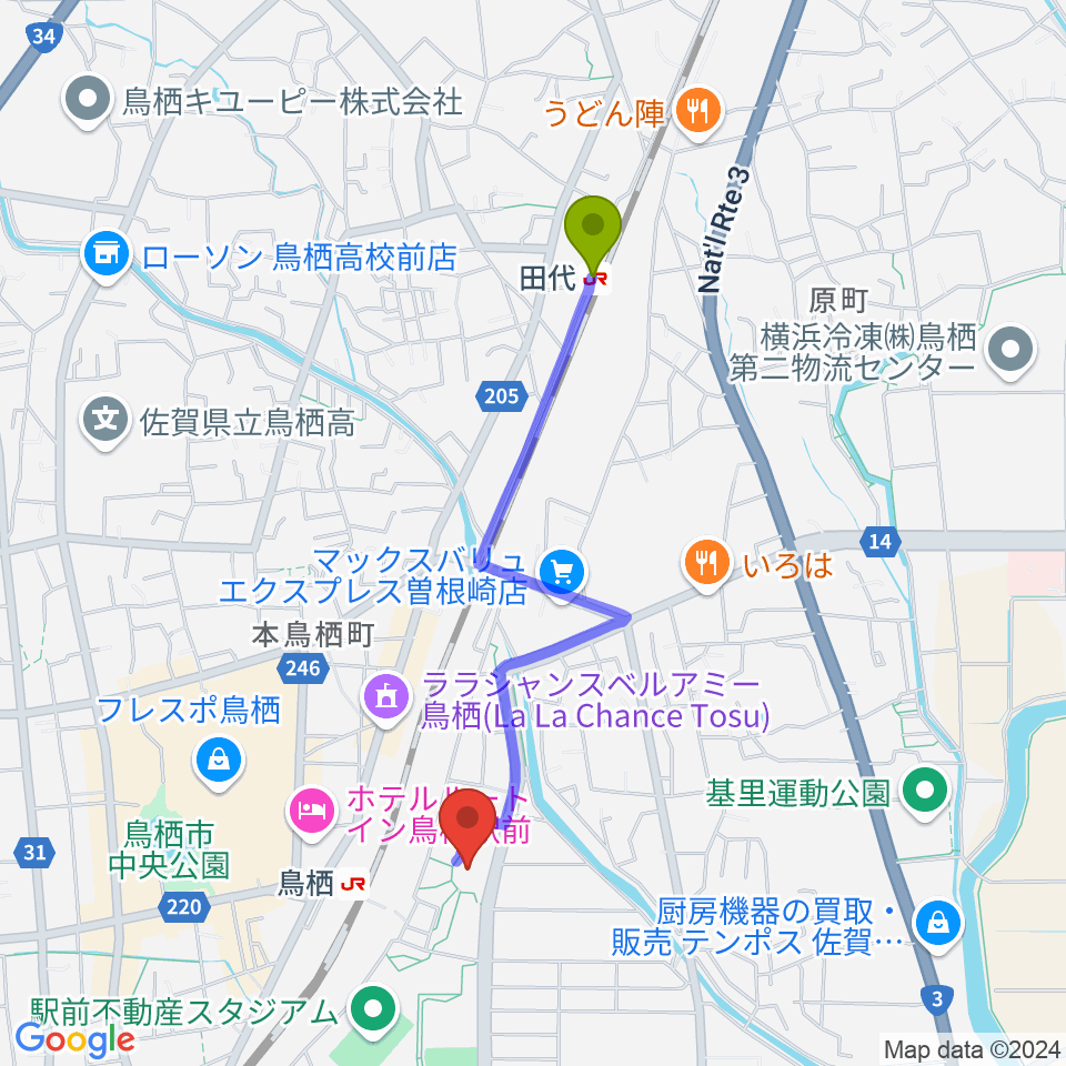 田代駅からサンメッセ鳥栖へのルートマップ地図