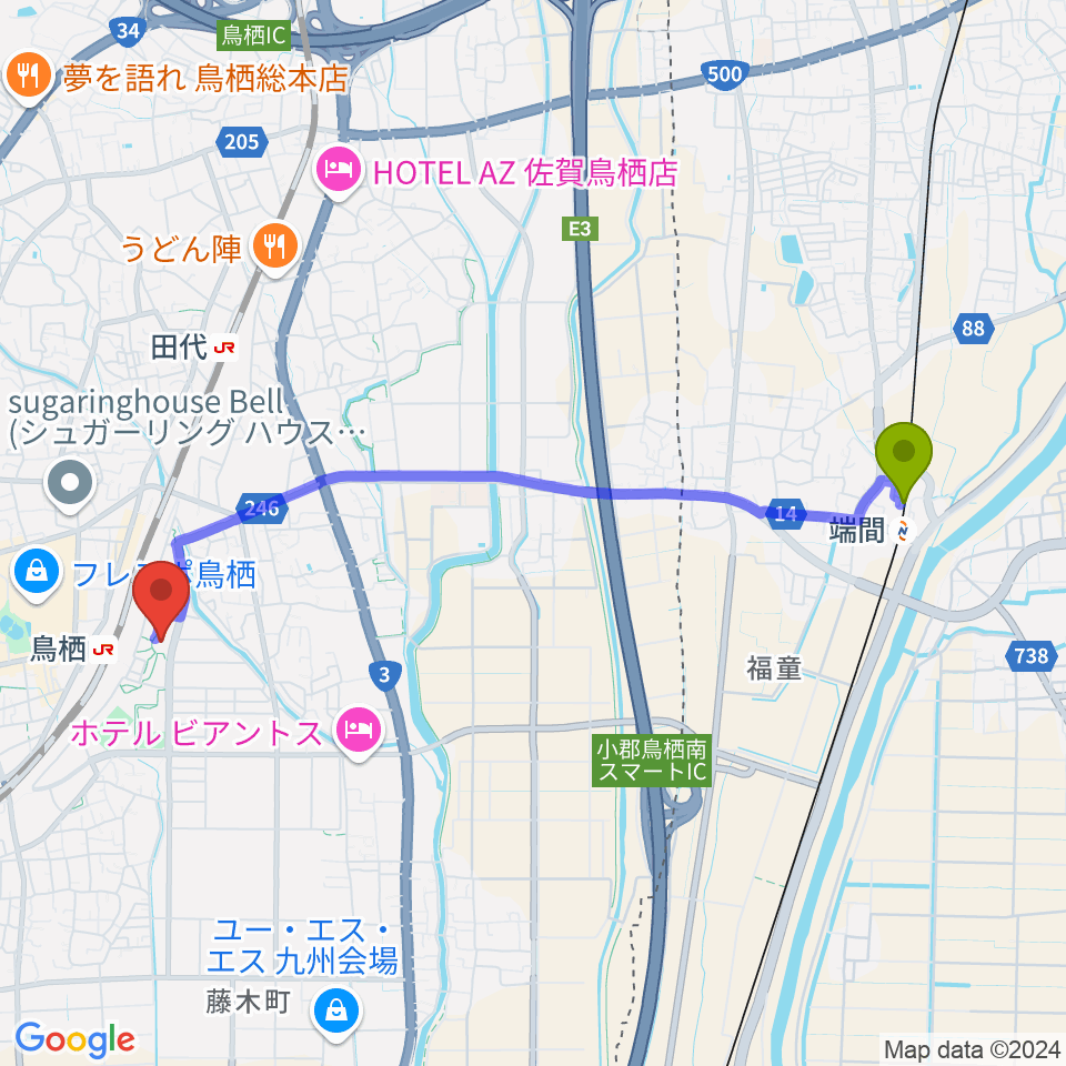 端間駅からサンメッセ鳥栖へのルートマップ地図