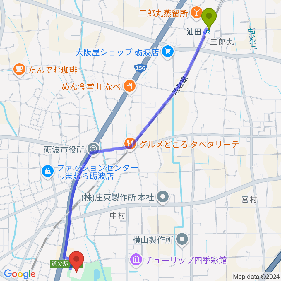 油田駅から砺波市文化会館へのルートマップ地図