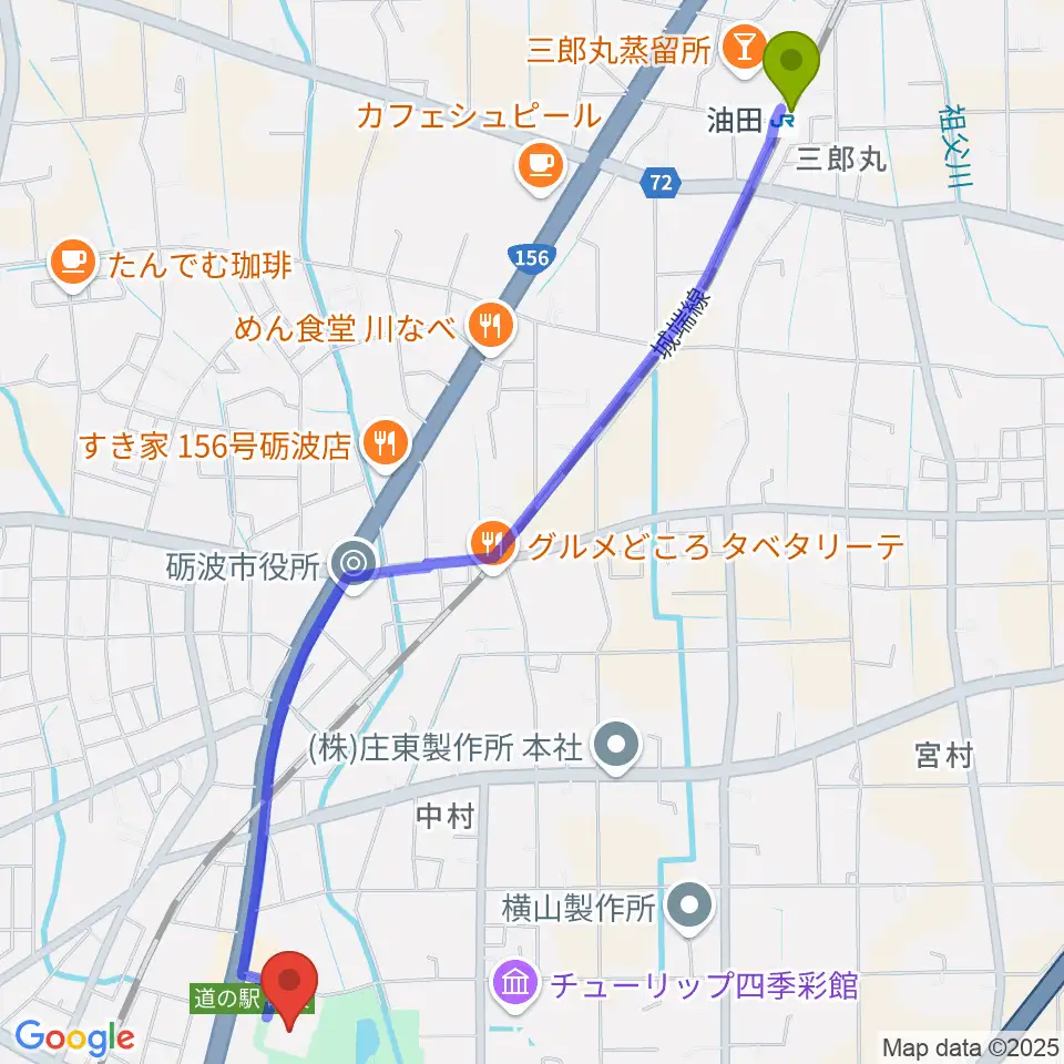 油田駅から砺波市文化会館へのルートマップ地図