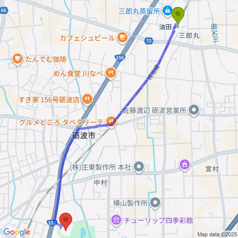 油田駅から砺波市文化会館へのルートマップ地図