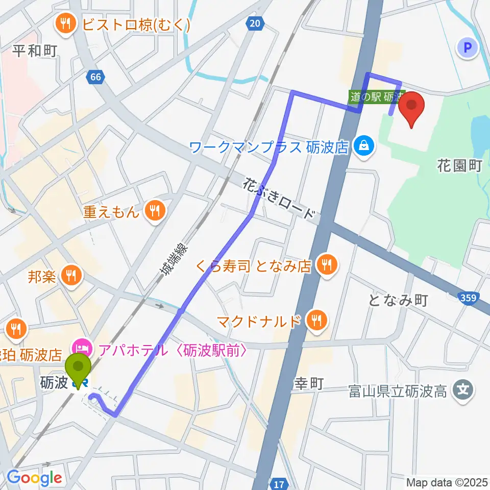 砺波市文化会館の最寄駅砺波駅からの徒歩ルート（約13分）地図