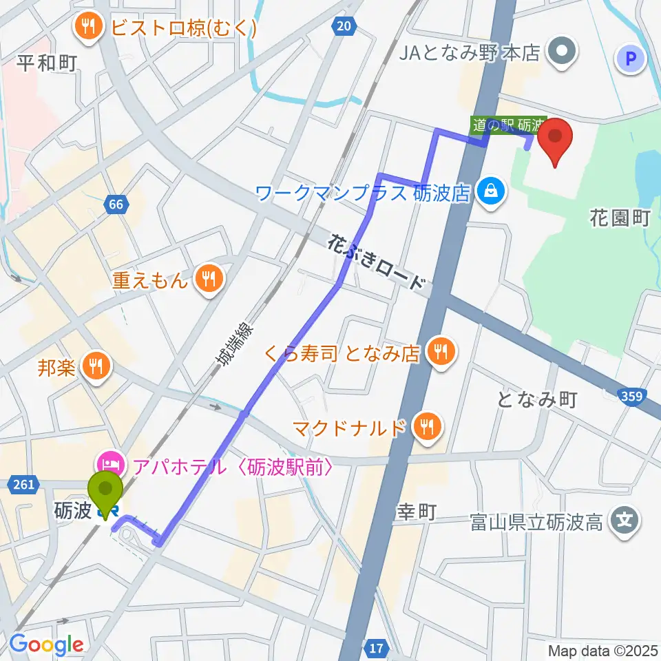 砺波市文化会館の最寄駅砺波駅からの徒歩ルート（約13分）地図