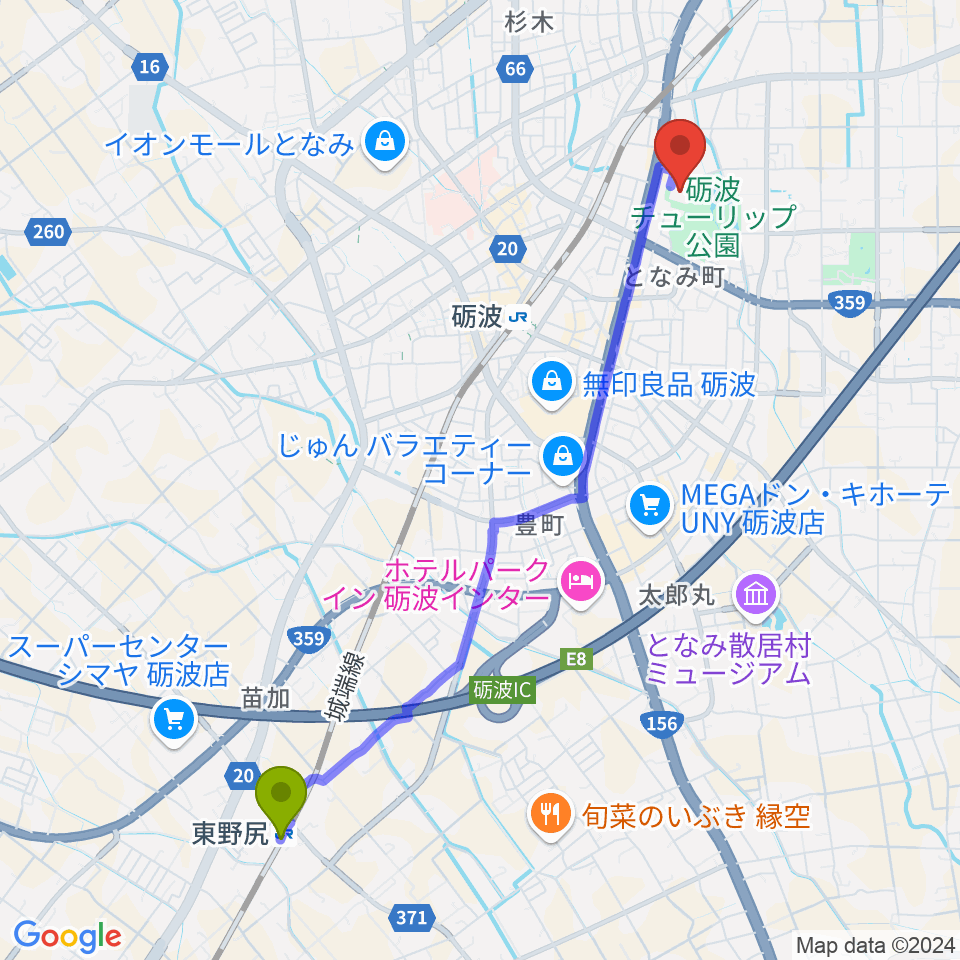 東野尻駅から砺波市文化会館へのルートマップ地図