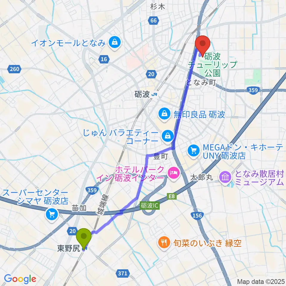 東野尻駅から砺波市文化会館へのルートマップ地図