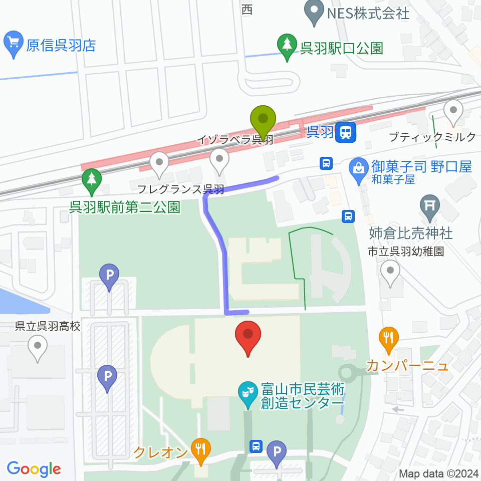 富山市民芸術創造センターの最寄駅呉羽駅からの徒歩ルート（約3分）地図