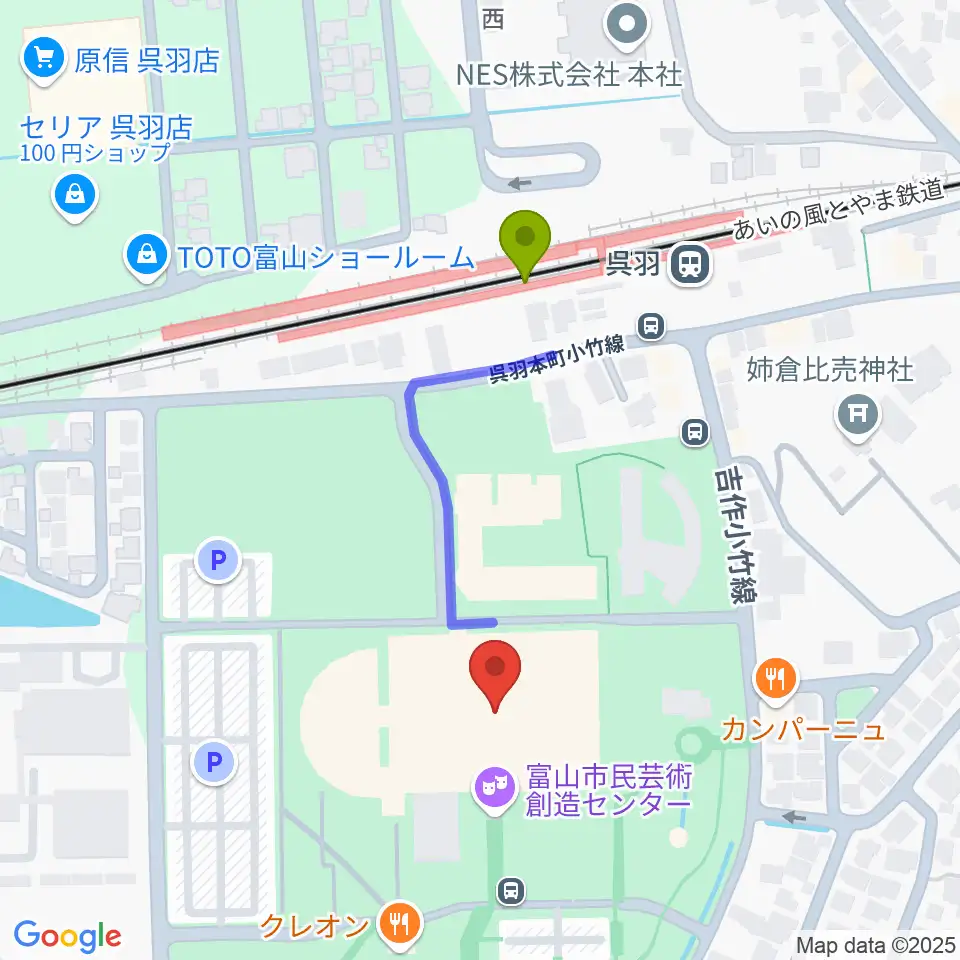 富山市民芸術創造センターの最寄駅呉羽駅からの徒歩ルート（約3分）地図