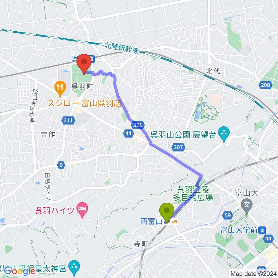 西富山駅から富山市民芸術創造センターへのルートマップ地図