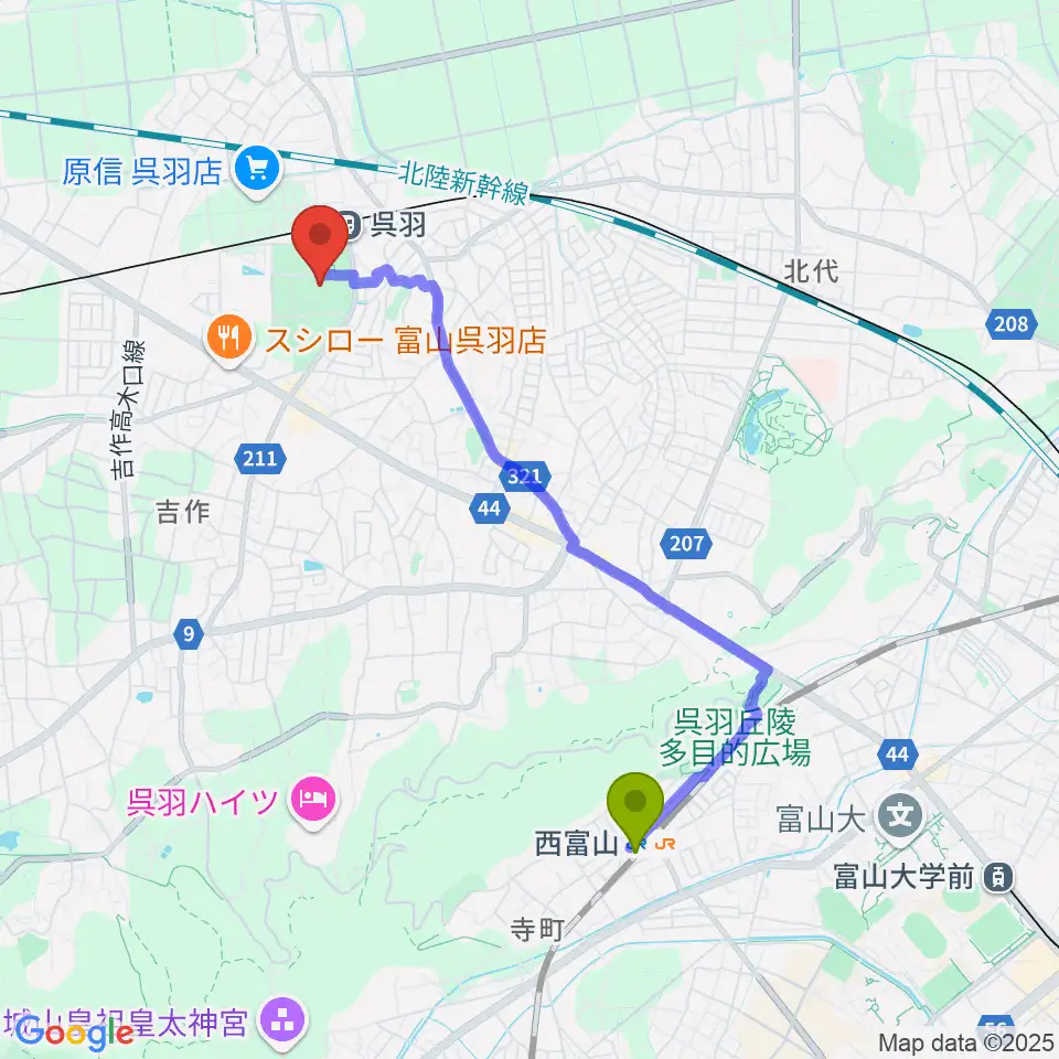 西富山駅から富山市民芸術創造センターへのルートマップ地図