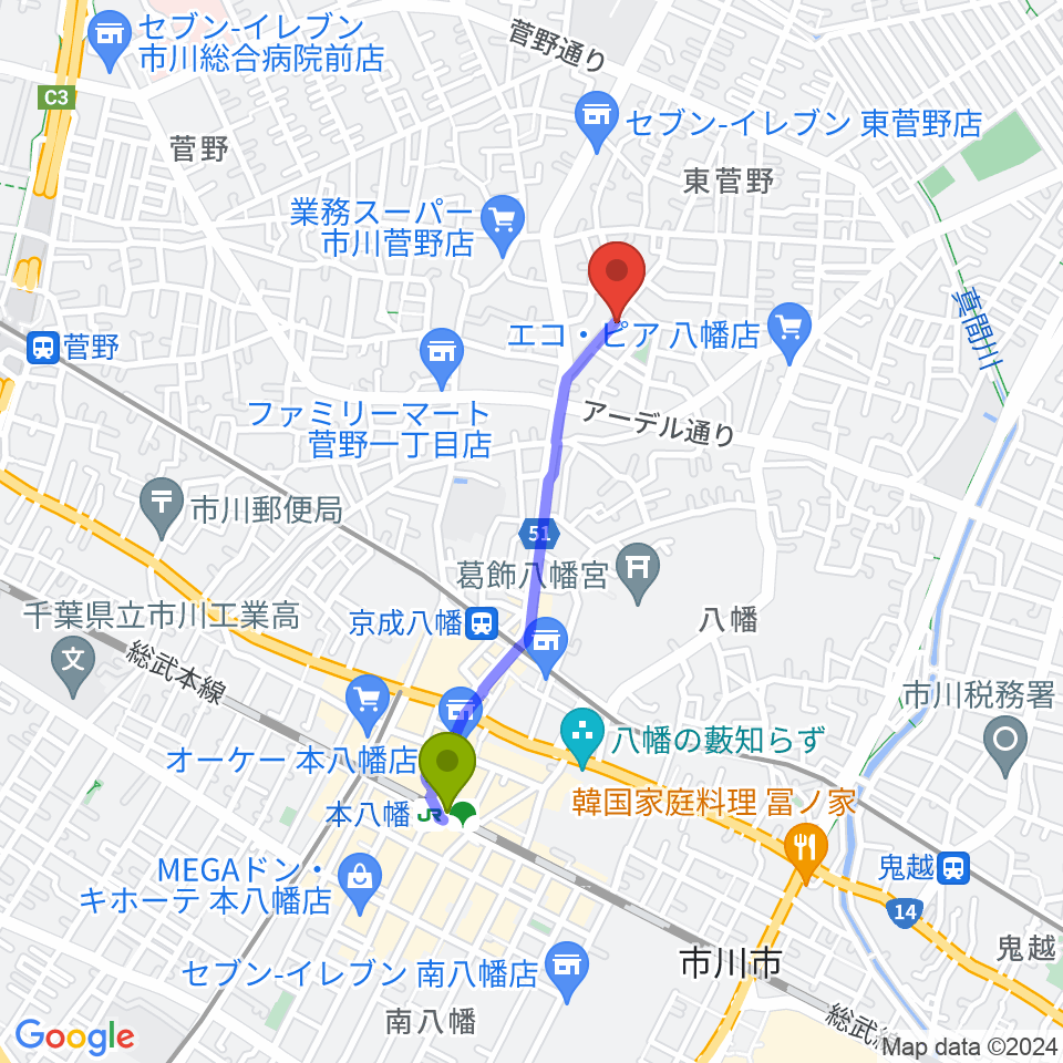 長尾音楽スタジオの最寄駅本八幡駅からの徒歩ルート（約15分）地図