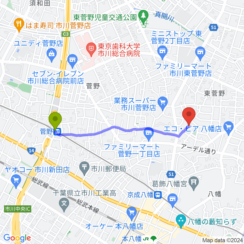 菅野駅から長尾音楽スタジオへのルートマップ地図