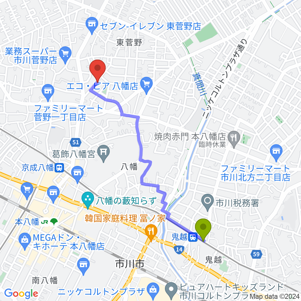 鬼越駅から長尾音楽スタジオへのルートマップ地図