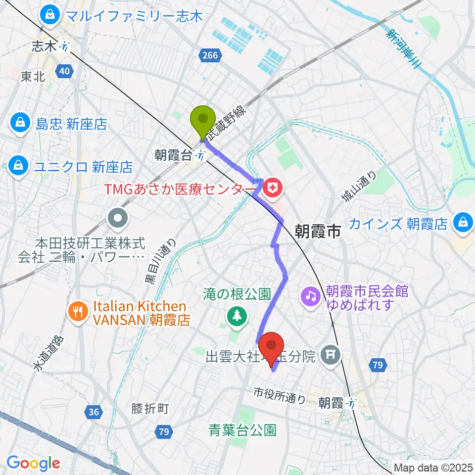 北朝霞駅から柏屋楽器 朝霞ミュージックセンターへのルートマップ地図