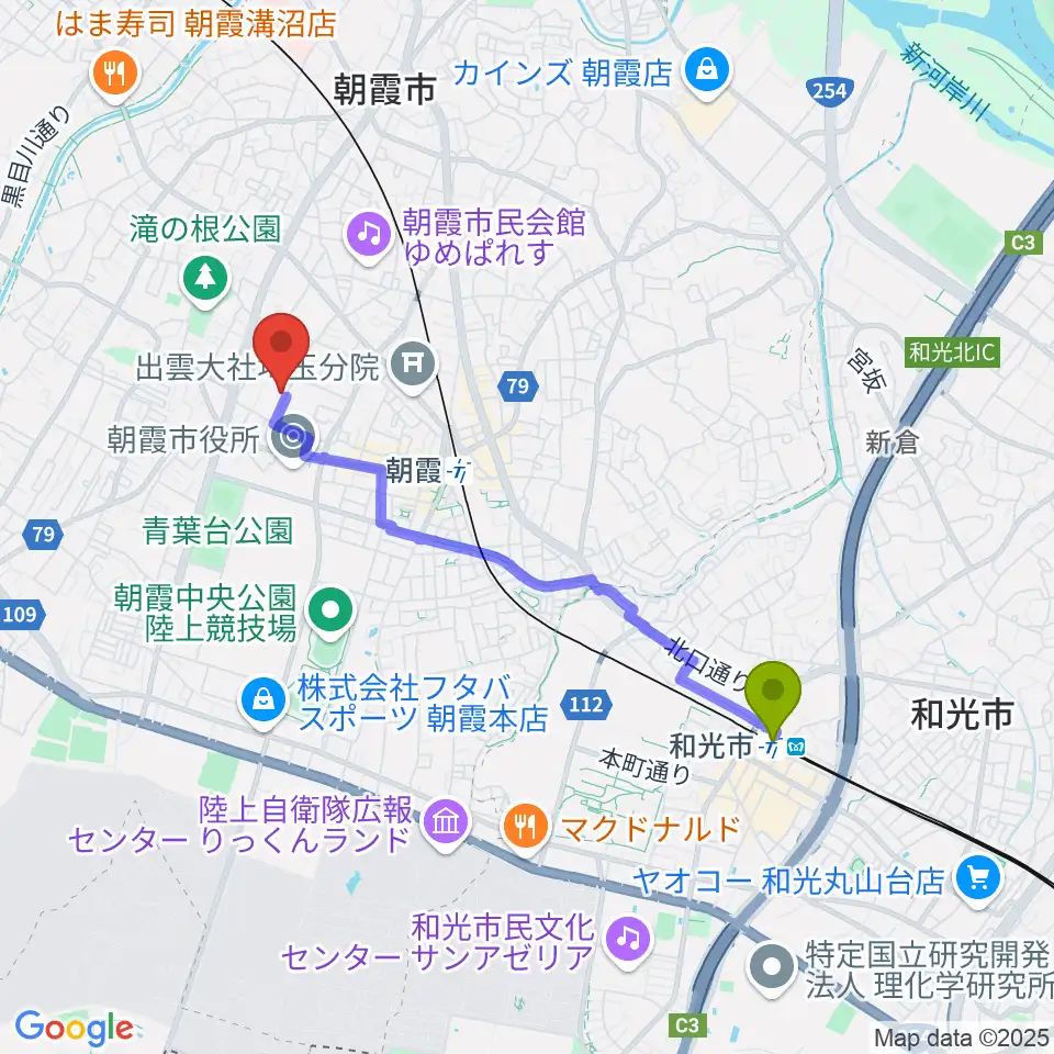 和光市駅から柏屋楽器 朝霞ミュージックセンターへのルートマップ地図