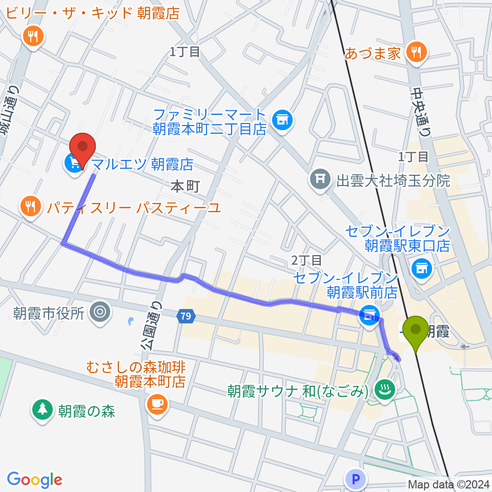 柏屋楽器 朝霞ミュージックセンターの最寄駅朝霞駅からの徒歩ルート（約12分）地図