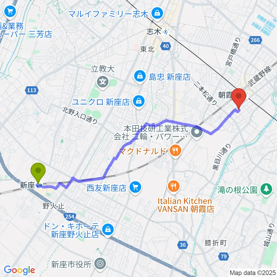 新座駅から柏屋楽器 朝霞台ミュージックセンターへのルートマップ地図