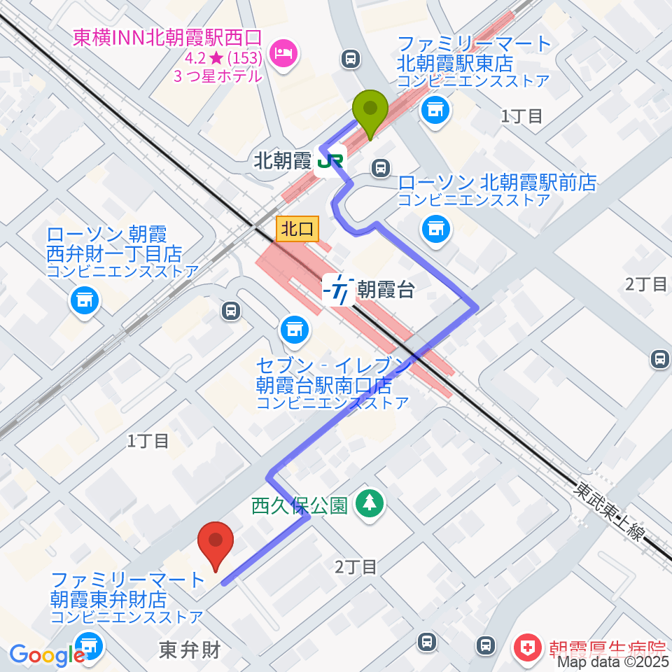 柏屋楽器 朝霞台ミュージックセンターの最寄駅北朝霞駅からの徒歩ルート（約5分）地図