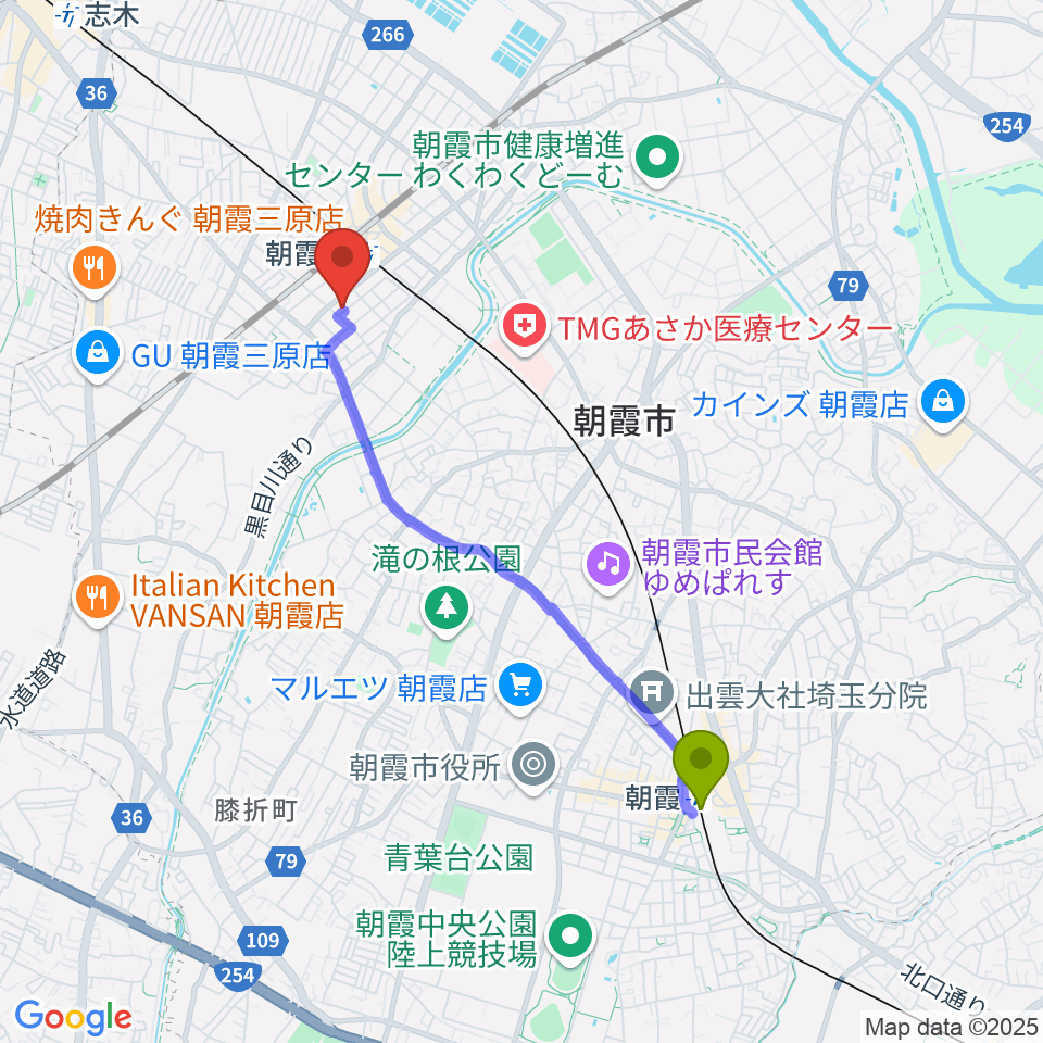 朝霞駅から柏屋楽器 朝霞台ミュージックセンターへのルートマップ地図