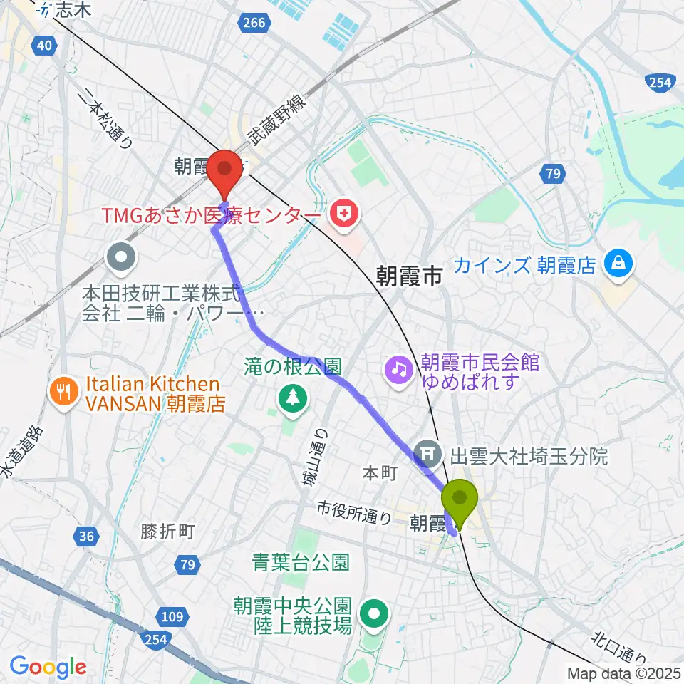 朝霞駅から柏屋楽器 朝霞台ミュージックセンターへのルートマップ地図