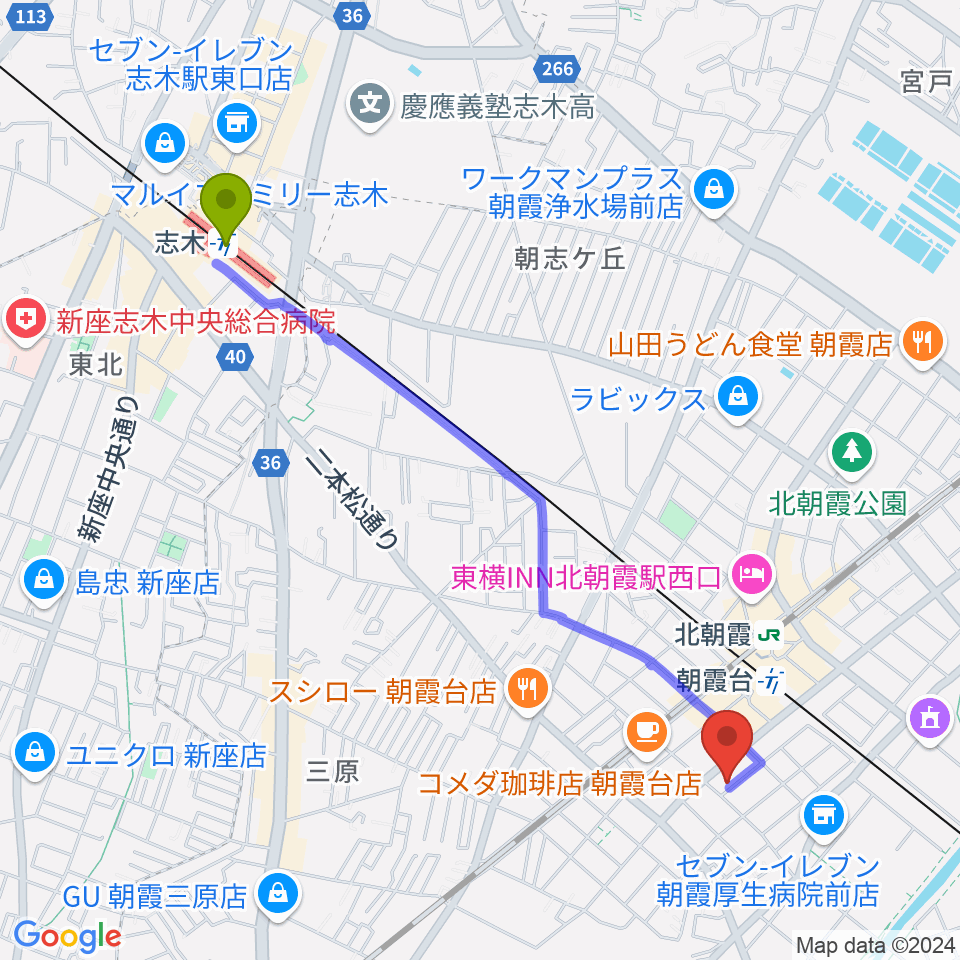 志木駅から柏屋楽器 朝霞台ミュージックセンターへのルートマップ地図