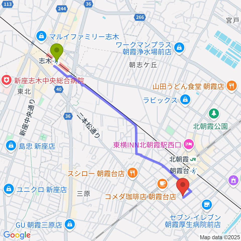 志木駅から柏屋楽器 朝霞台ミュージックセンターへのルートマップ地図