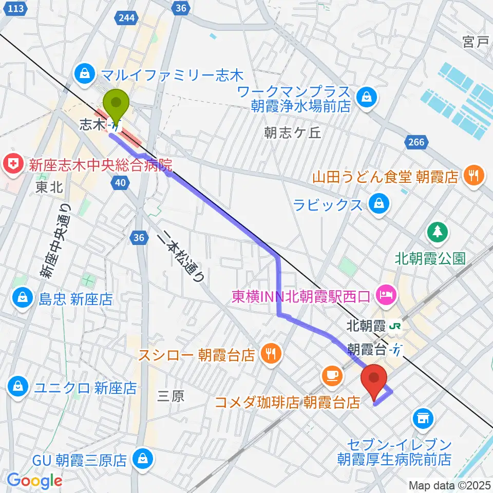 志木駅から柏屋楽器 朝霞台ミュージックセンターへのルートマップ地図