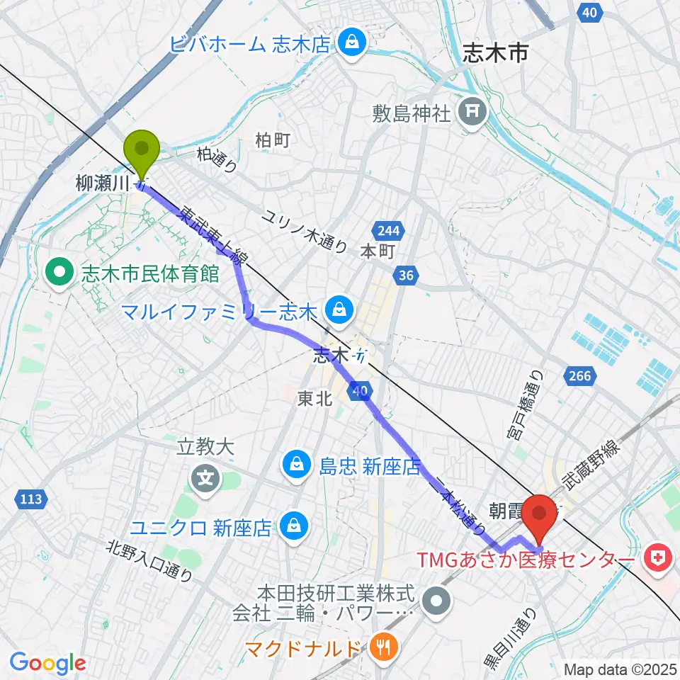 柳瀬川駅から柏屋楽器 朝霞台ミュージックセンターへのルートマップ地図