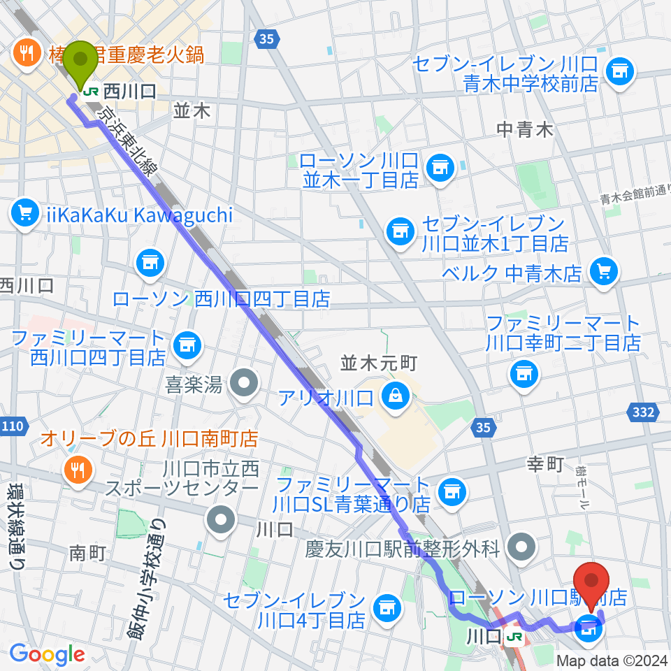 西川口駅から柏屋楽器 柏屋ミュージックサロンへのルートマップ地図