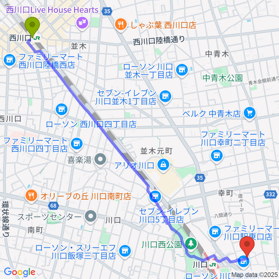 西川口駅から柏屋楽器 柏屋ミュージックサロンへのルートマップ地図