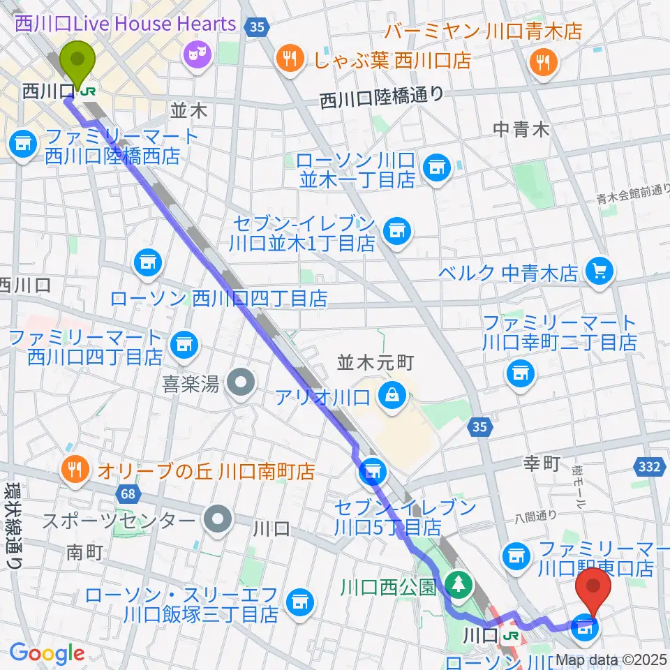 西川口駅から柏屋楽器 柏屋ミュージックサロンへのルートマップ地図