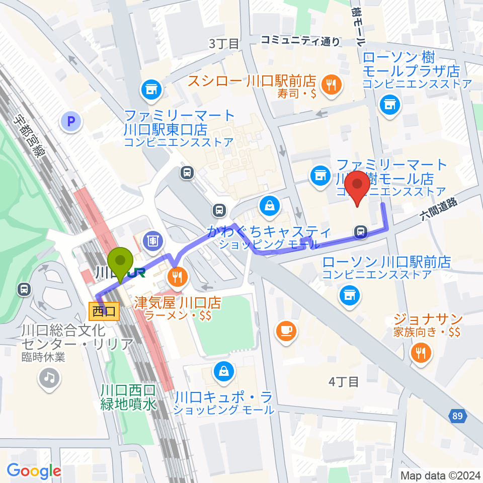 柏屋楽器 柏屋ミュージックサロンの最寄駅川口駅からの徒歩ルート（約4分）地図