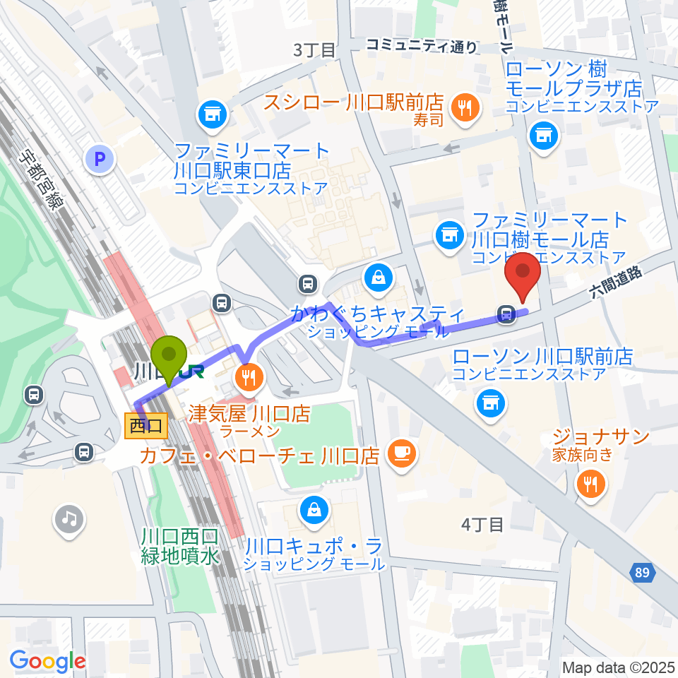 柏屋楽器 柏屋ミュージックサロンの最寄駅川口駅からの徒歩ルート（約4分）地図