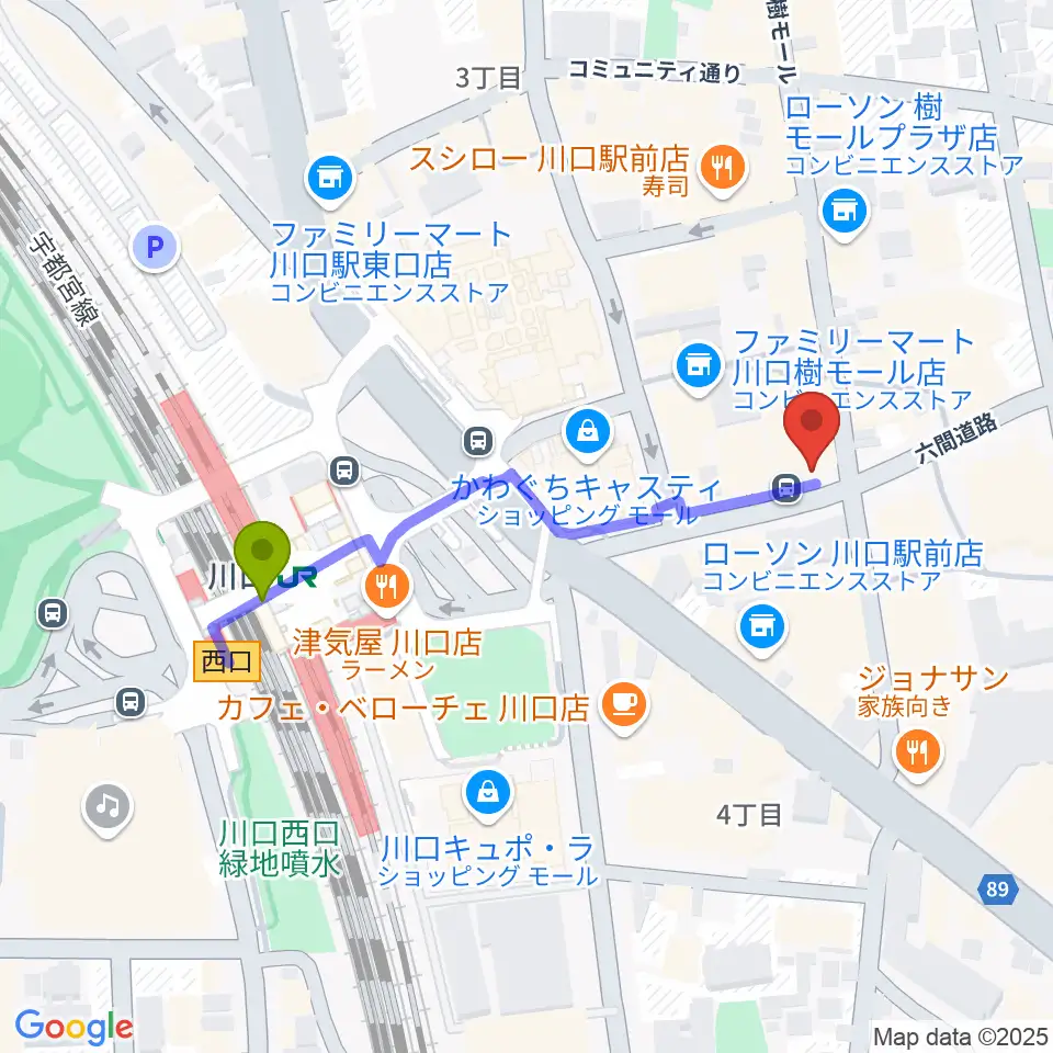 柏屋楽器 柏屋ミュージックサロンの最寄駅川口駅からの徒歩ルート（約4分）地図