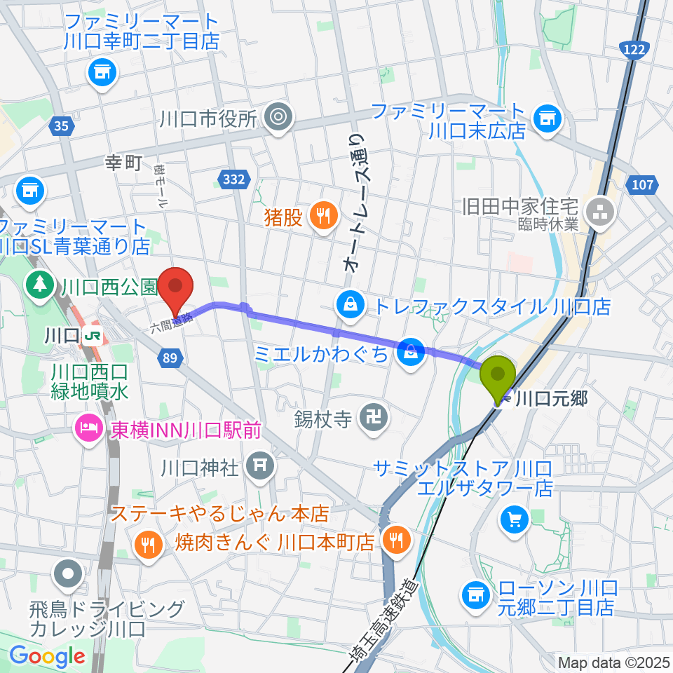 川口元郷駅から柏屋楽器 柏屋ミュージックサロンへのルートマップ地図