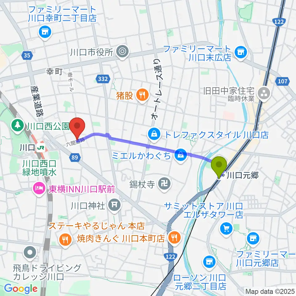 川口元郷駅から柏屋楽器 柏屋ミュージックサロンへのルートマップ地図