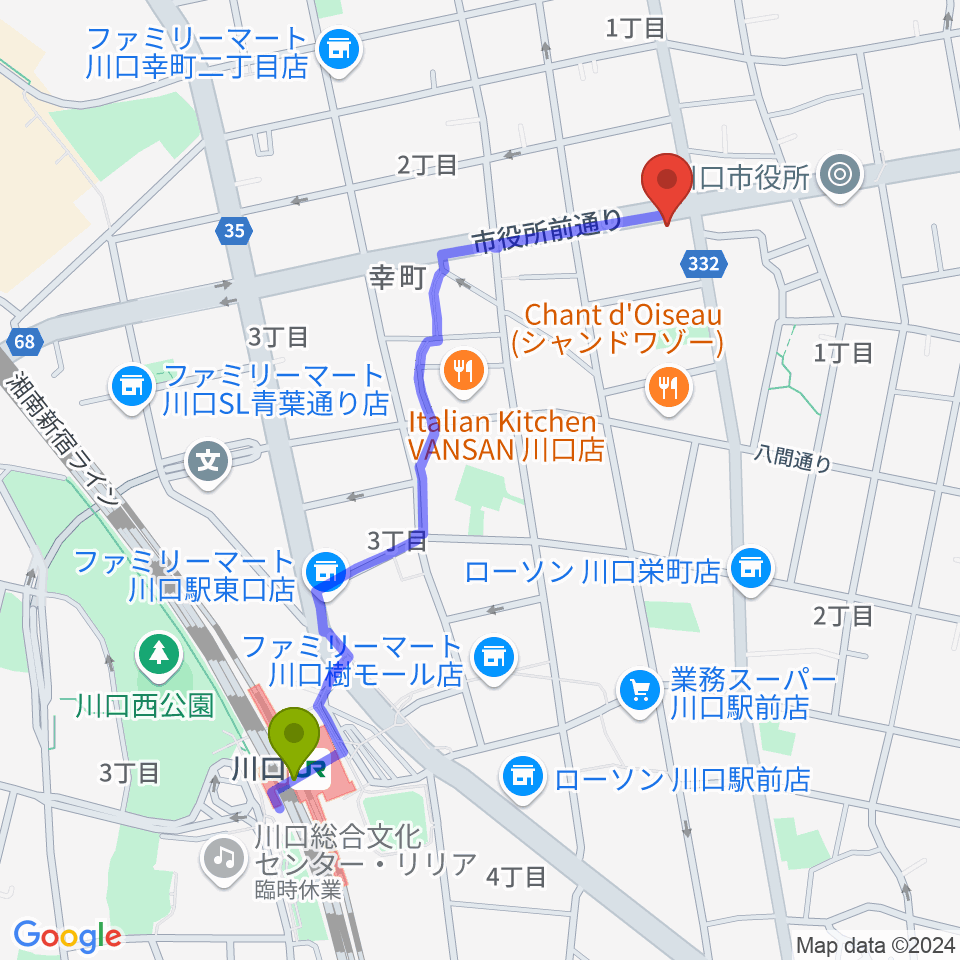 柏屋楽器 川口ミュージックプラザの最寄駅川口駅からの徒歩ルート（約11分）地図