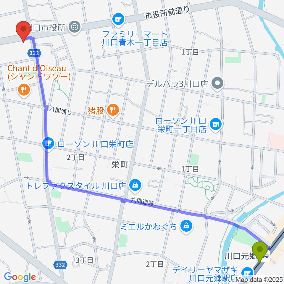 川口元郷駅から柏屋楽器 川口ミュージックプラザへのルートマップ地図