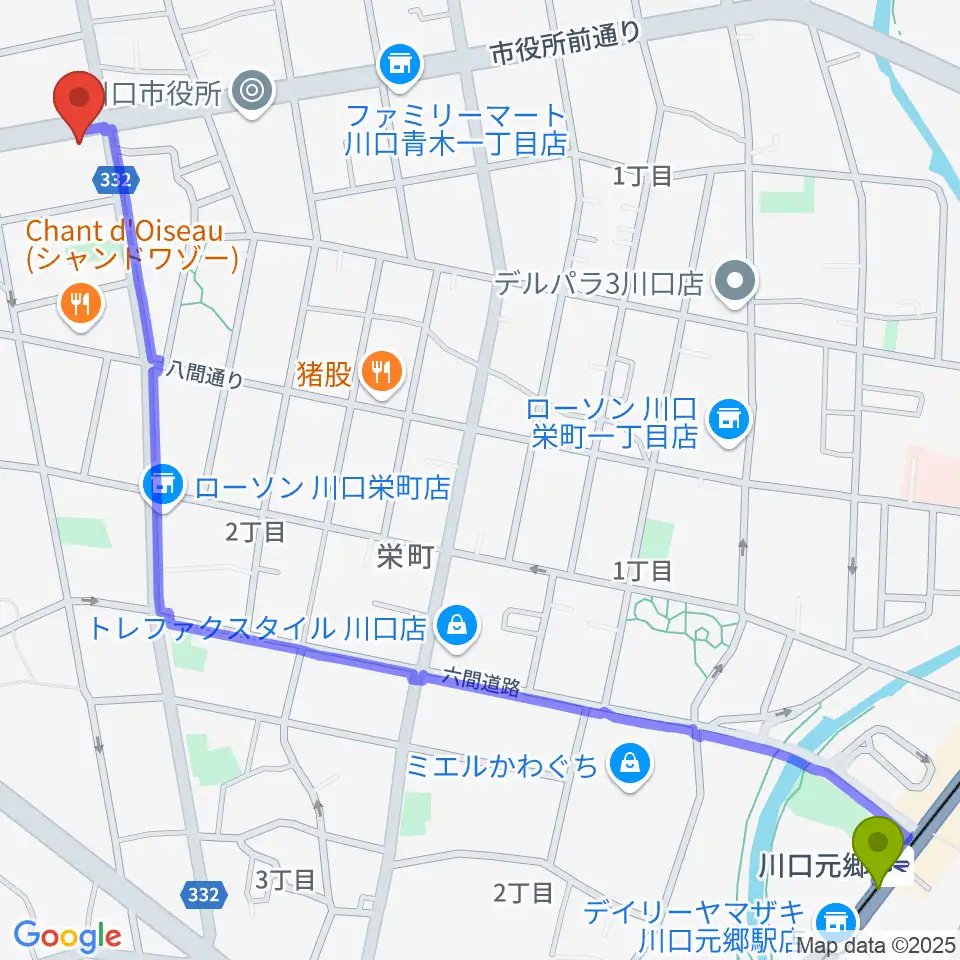 川口元郷駅から柏屋楽器 川口ミュージックプラザへのルートマップ地図