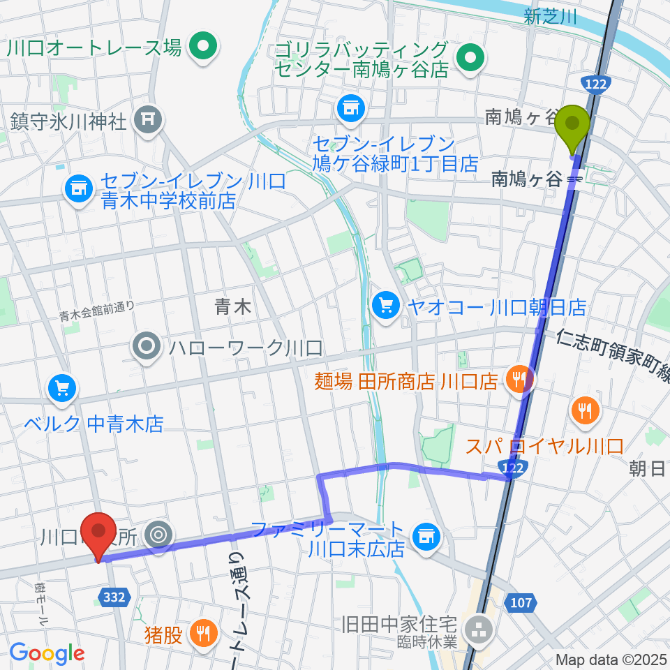 南鳩ヶ谷駅から柏屋楽器 川口ミュージックプラザへのルートマップ地図