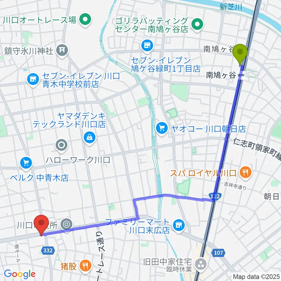 南鳩ヶ谷駅から柏屋楽器 川口ミュージックプラザへのルートマップ地図