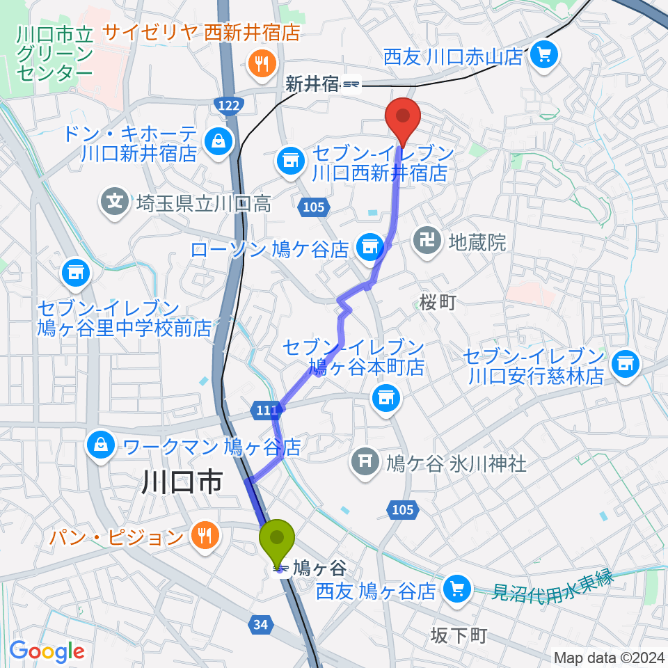 鳩ヶ谷駅から柏屋楽器 鳩ヶ谷ミュージックセンターへのルートマップ地図