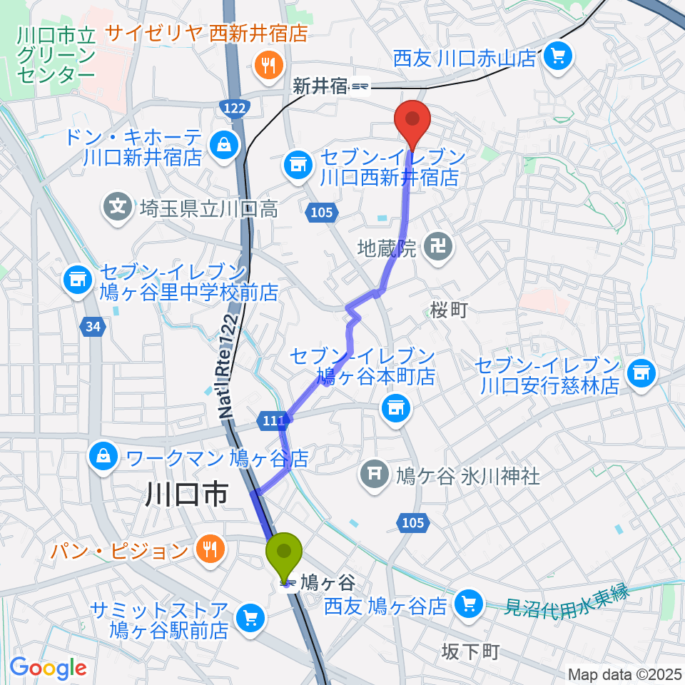 鳩ヶ谷駅から柏屋楽器 鳩ヶ谷ミュージックセンターへのルートマップ地図