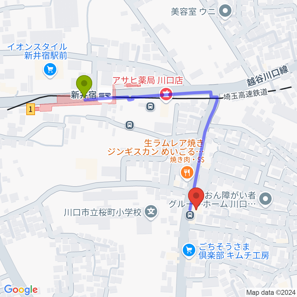 柏屋楽器 鳩ヶ谷ミュージックセンターの最寄駅新井宿駅からの徒歩ルート（約4分）地図