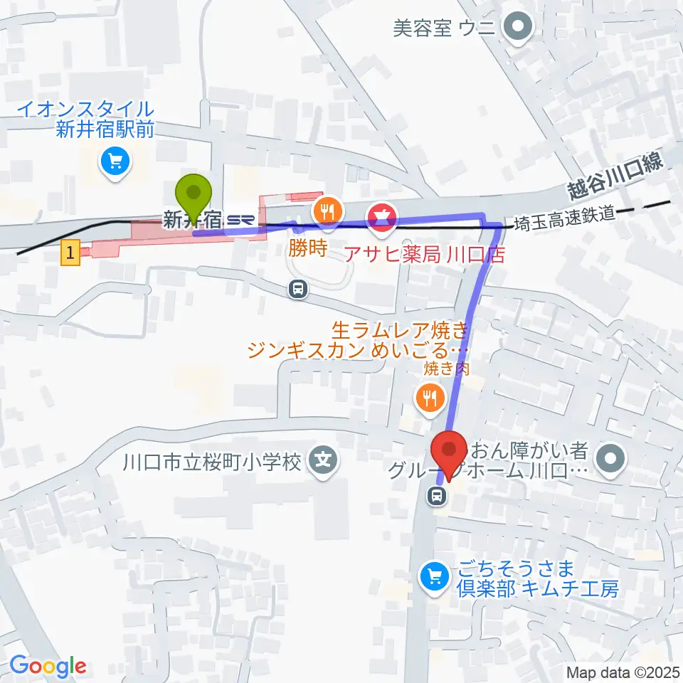 柏屋楽器 鳩ヶ谷ミュージックセンターの最寄駅新井宿駅からの徒歩ルート（約4分）地図