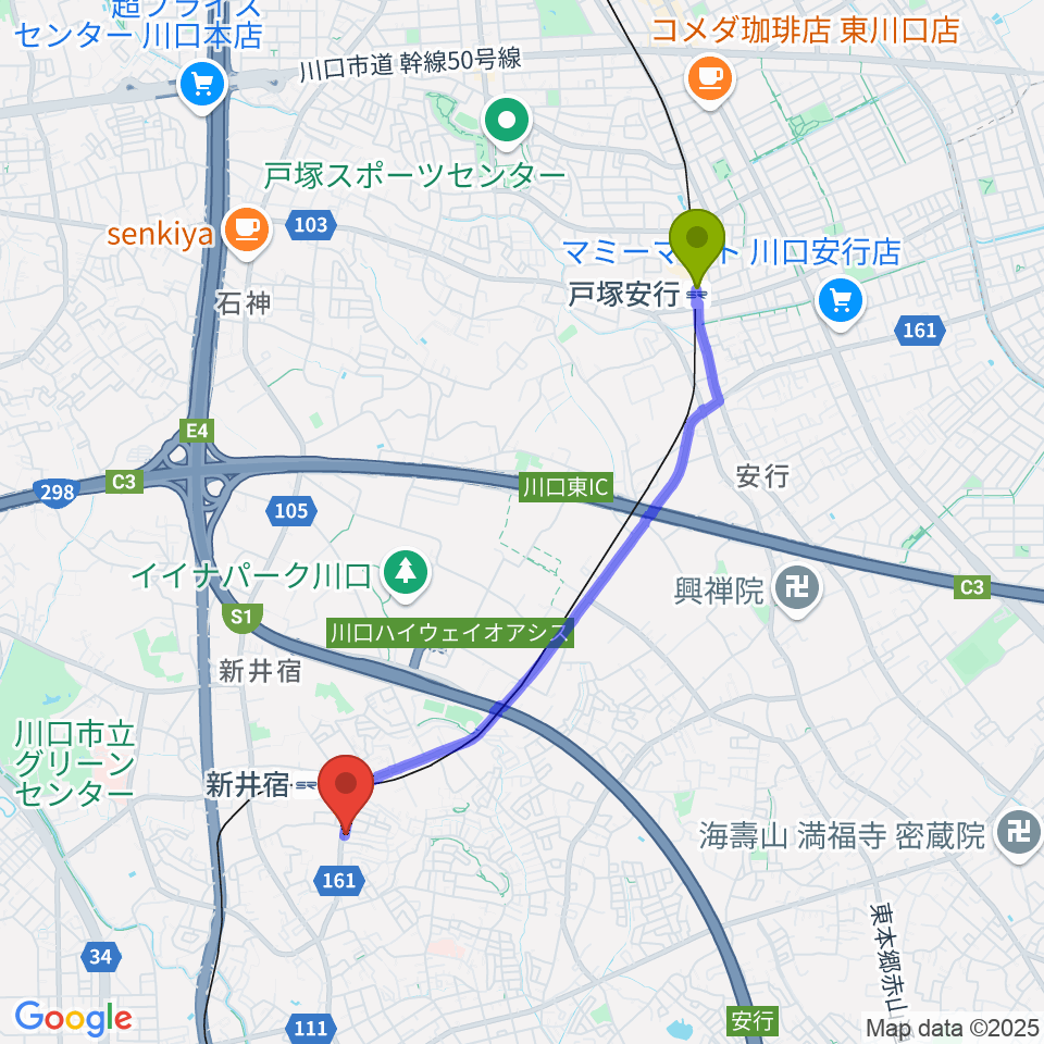 戸塚安行駅から柏屋楽器 鳩ヶ谷ミュージックセンターへのルートマップ地図