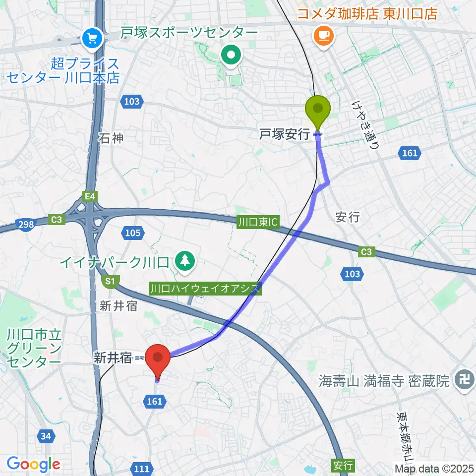 戸塚安行駅から柏屋楽器 鳩ヶ谷ミュージックセンターへのルートマップ地図